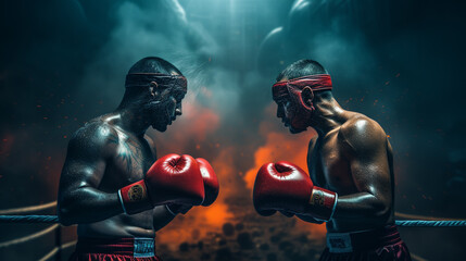 Fototapeta na wymiar Two professional boxer boxing on color powder background,