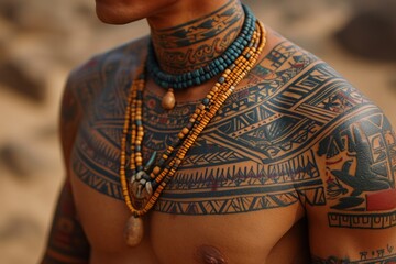 Body part with tribal tattoos in the style of Polynesian or Mayan designs, complemented by traditional jewelry such as beads and necklaces