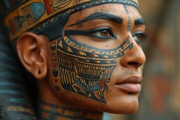 Profile of a man with body painting inspired by ancient Egyptian motifs and hieroglyphs, which looks like a living portrait of a pharaoh. - obrazy, fototapety, plakaty