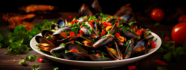mussels in mushrooms in chili sauce. Selective focus. - obrazy, fototapety, plakaty