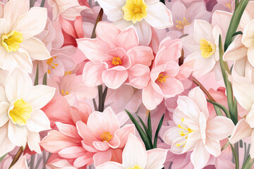 Fototapeta na wymiar Floral Spring Symphony: A Colorful Bouquet of Botanical Elegance on a Seamless Vintage Wallpaper Background