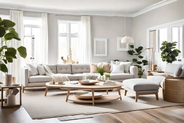 Fototapeta na wymiar Clean Elegance: White-Themed Living Room - Contemporary Design, Minimalist Aesthetics, and Serene Ambiance | Aesthetic Simplicity for Tranquil Relaxation.