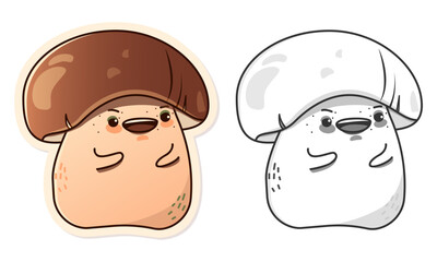 Kawaii mushroom colored, black and white, sticker