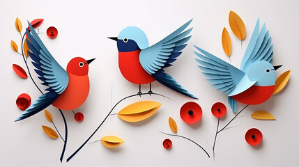 Set of cartoon colorful birds in trendy paper cut creative art - obrazy, fototapety, plakaty