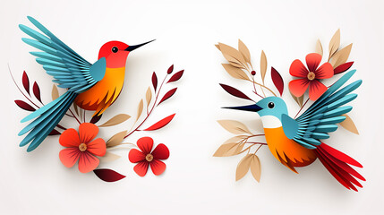 Set of beautiful cartoon colorful birds in trendy paper cut creative art - obrazy, fototapety, plakaty