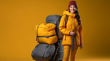 Happy young girl student she wear casual clothes backpack bag isolated on plain yellow color background.
