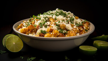 Mexican street corn salad on dark background.