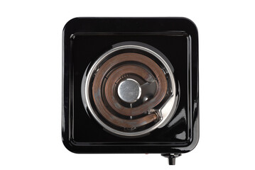 Top view of a tabletop electric stove with a spiral heating element.