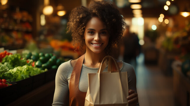 Young woman in the kitchen , woman with a bag of groceries shopping