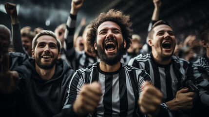 Crowd of sports fans cheering during a match in stadium. Excited people standing with their arms raised, clapping, and yelling to encourage their team to win. - obrazy, fototapety, plakaty