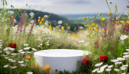 Fototapeta na wymiar Wildflower meadow with a central white podium; ideal for product showcasing and mockups.