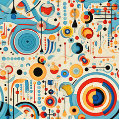 Seamless pattern from different shape, expressionism art style. Abstract colorful background with circles and lines.