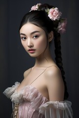 An elegant portrayal of a Japanese lady in a ballet attire, her hair flawlessly braided and makeup kept subtle, captured against the backdrop of a studio.