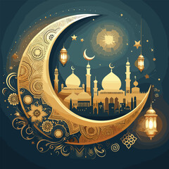 islamic festival eid mubarak crescent moon religious background vector