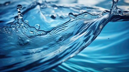 Close-up of the surface of clear crystal water with drops and splashes. Blue artesian water,...