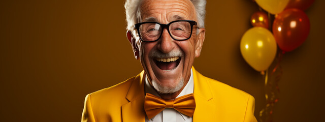 Photo of retired old man open mouth shiny smile excited isolated color background