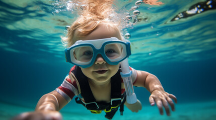 Underwater Young kid Fun in the Swimming Pool with Goggles. Summer Vacation Fun.