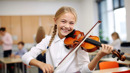 Happy smiling teenage girl playing violin in classroom at school background. Music school, additional creative classes, additional education course for children.