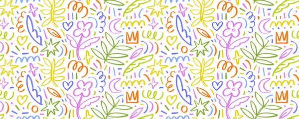 Colorful seamless pattern with charcoal botanical and childish shapes. Hand drawn flowers, leaves, crowns and stars with speckles.
