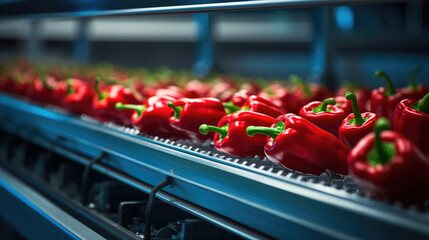 Lots of Fresh pepper on conveyor belt plant. Processing, quality control and packaging of fresh peppers. Selected vegetables, food industry. - obrazy, fototapety, plakaty