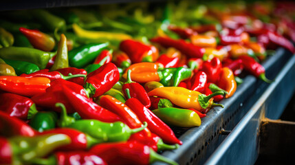 Lots of Fresh pepper on conveyor belt plant. Processing, quality control and packaging of fresh peppers. Selected vegetables, food industry.