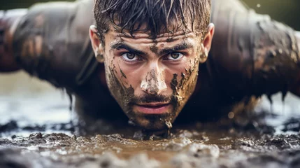 Fototapeten Closeup of strong athletic man crawling in wet muddy puddle in the rain in an extreme competitive sport © alexkich