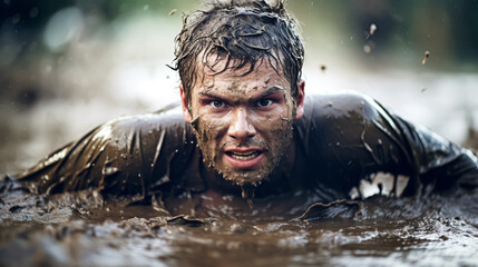 Closeup of strong athletic man crawling in wet muddy puddle in the rain in an extreme competitive sport