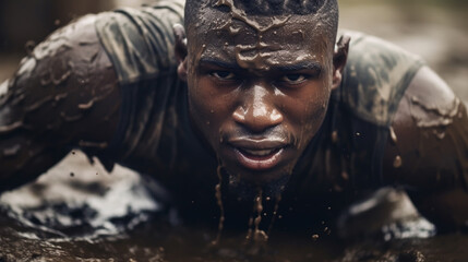 Closeup of strong athletic man crawling in wet muddy puddle in the rain in an extreme competitive sport