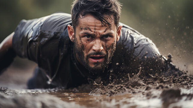 Closeup of strong athletic man crawling in wet muddy puddle in the rain in an extreme competitive sport