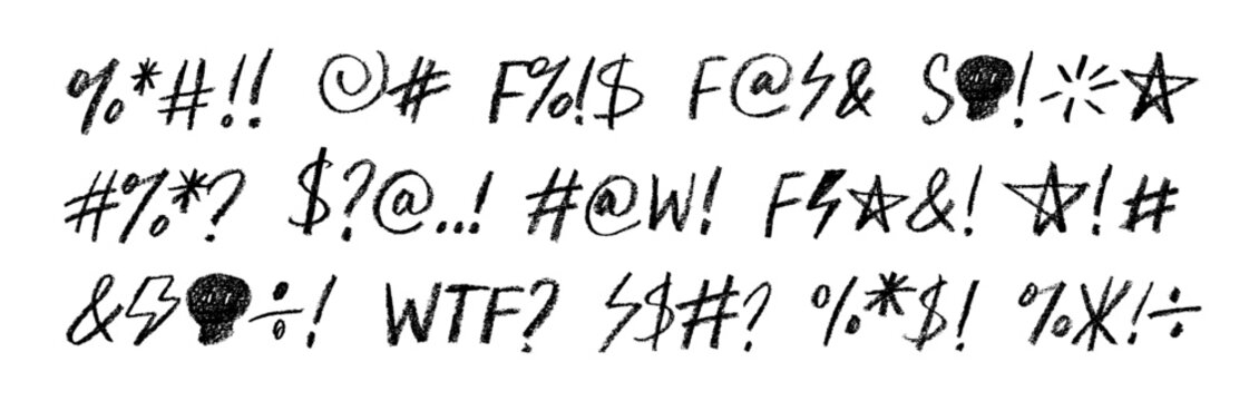 Set of various abstract swear words drawn with a pencil or charcoal.