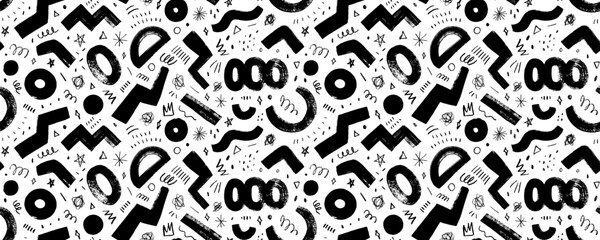 Playful childish seamless banner design with geometric bold lines and charcoal doodles.