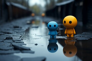 Lonely blue toy mirrors a somber emotion amid rainy surroundings