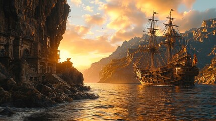 Obraz premium A majestic sailboat sails off a rocky shore during sunrise, which illuminates the sea and mountains with golden light