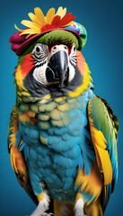 Obraz premium Parrot dressed in hippy clothes. Humanization of animals concept