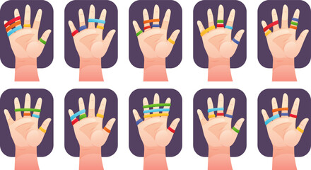 Educational cards for children. Neurohymnastics for hands and fingers, playing with elastic bands, do it by example. Vector educational illustration of exercises for the development of fine motor skil