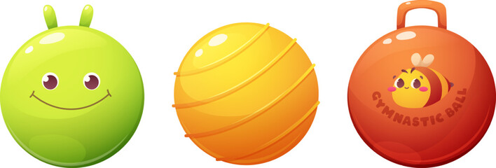 Set of funny children's fitballs, gym balls. Ball with antennae and smile, with holder, ribbed ball. Cartoon vector illustration