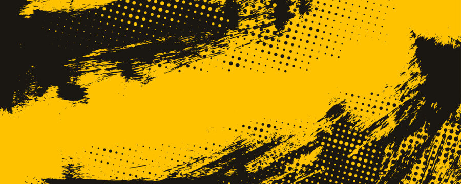 Retro vintage background with halftone overlay and grunge frame. Yellow and black banner with grunge smears.