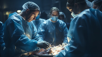 doctor and nurse medical team are performing surgical operation at emergency room in hospital. assistant hands out scissor and instruments to surgeons during operation. - obrazy, fototapety, plakaty