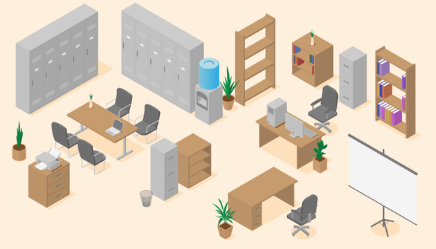 Set of vector illustrations of office furniture elements. Isometric design