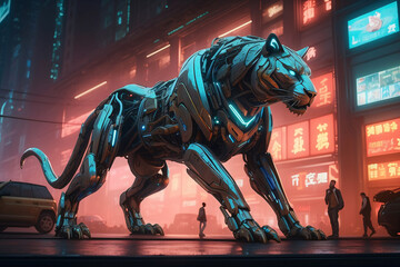 Fototapeta na wymiar tiger robot with futuristic background