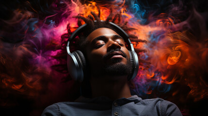 Positive man listening music with headphones on background with spectrum waves and powder explosion. Stylish guy enjoying music inspired concept.