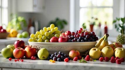 fresh fruits and apples, grapes, oranges, on a basket on the table