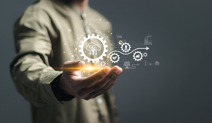 Reduce CO2 emissions concept. businessman with virtual carbon reduction icons for climate change to limit global warming and sustainable development and green business.