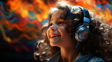 Fototapeta premium Cute little girl listening to music in headphones on bright background.