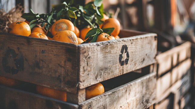 Fresh ripe oranges with a green recycle symbol on a wooden box, representing an organic food concept and the importance of eating sustainable groceries sourced from local farmers markets.