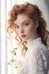 An enchanting portrait of a model showcasing natural beauty with light makeup against a white wall, projecting a sense of timeless grace.