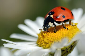 Fototapeta premium Ladybug, red with black dots sits on a daisy. A beautiful bright insect crawls on a flower on a sunny day.