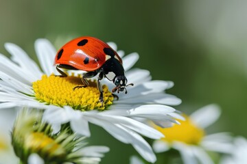 Ladybug, red with black dots sits on a daisy. A beautiful bright insect crawls on a flower on a sunny day.