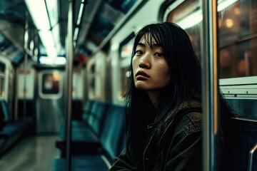 Asian woman with a serious face sits on a deserted metro train. Tired young female riding in a subway at late hours.
