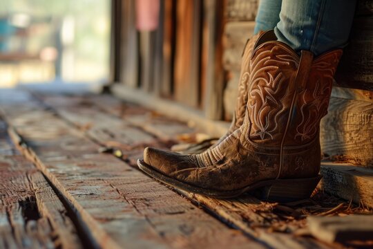 Patterned embroidered shoes against a rustic wild west landscape. Close-up of a man in worn cowboy boots standing on a wooden floor overlooking a ranch.